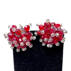 Vintage Marvella Red Bead Clip-On Earrings Faceted Beads Clear Cluster Huggie